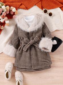 SHEIN Little Girls' Houndstooth Stand Collar Patchwork Dress And Coat Jacket Two Piece Set - Khaki - View 6