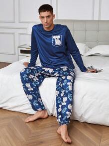 男士睡衣和家居服,對比袖口和考拉印花,長袖和長褲,家庭裝媽咪和我(分別以3套出售) - 藍色 - 查看 3
