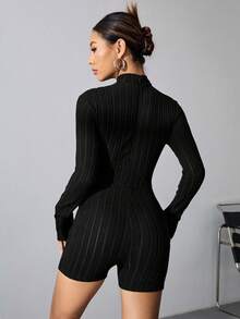 SHEIN Unity 立領肋紋修身連體裝 - 黑色 - 查看 2