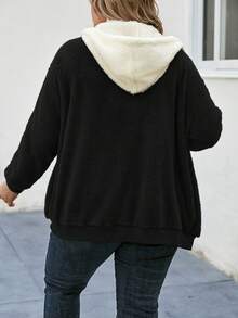 SHEIN LUNE Plus Size Women's Drawstring Hooded Jacket - Black - View 2