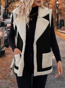 SHEIN LUNE Shearling Patchwork Pocket Vest Jacket - Black - View 4