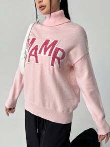 Flirla 女士高领落肩字母印花针织套头衫，秋冬款 - 粉色 - 查看 3