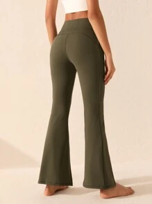 SHEIN Sports 女士簡約色調分叉下擺伸展褲 - 軍綠色 - 查看 2