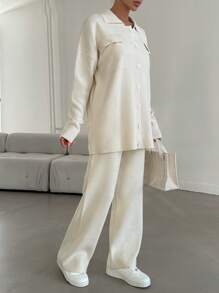 Ladies' Pure Color Two Piece Set Including Top And Pants/sweater Saying 'you Look Good' - Apricot - View 5