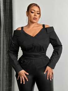SHEIN SXY Plus Size Women'S Cold Shoulder Shirt - Black - View 1
