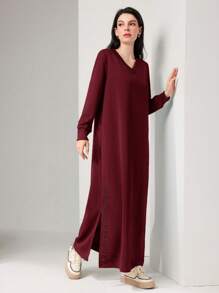 Mulvari Burgundy Red Women's Long Sleeve Sweatshirt Dress,Long Sleeve Tops - Burgundy - View 4