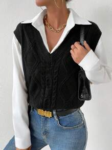 SHEIN LUNE Casual Twist Knitted Sweater Vest - Black - View 3