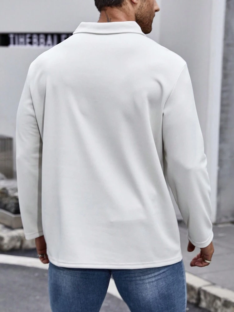 Men's Plus Size Long Sleeve Polo Shirt With Letter Applique And Button Closure