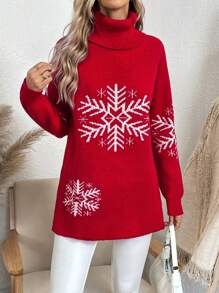 SHEIN LUNE 女款高領雪花圖案插肩袖毛衣 - 紅色 - 查看 3