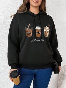 SHEIN LUNE Áo nỉ nữ cỡ lớn màu cà phê in chữ, có dây rút. - màu đen - Xem 5