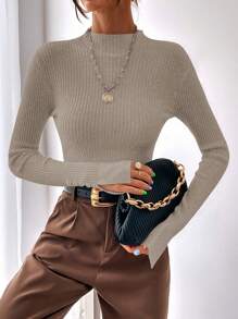 BizChic Mock Neck Ribbed Knit Split Cuff Sweater,Long Sleeve Tops In Fall/Winter - Camel - View 5