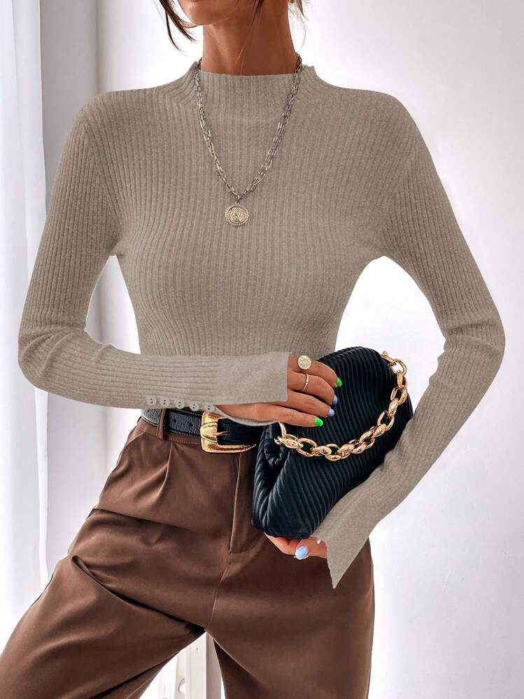 BizChic Mock Neck Ribbed Knit Split Cuff Sweater,Long Sleeve Tops In Fall/Winter - Camel - View 5
