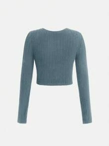 Cô gái Lông cừu Top Cây trồng & Quần loe Bộ Với Rỗng ra eo Mẫu - Màu xanh ngọc - Xem 5