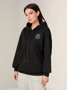 Seusyu Women's Graphic Hooded Sweatshirt With Drawstrings - Black - View 7