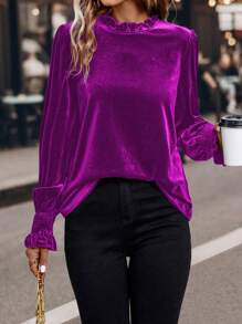 SHEIN Clasi Của phụ nữ Nhung Áo sơ mi Với Viền Ruffle - Màu đỏ tím - Xem 5