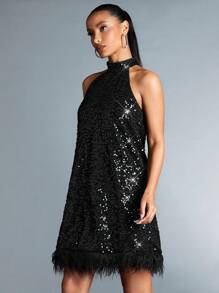 SHEIN BAE Của phụ nữ Frayed Hem Lấp lánh Halter Neck Đầm - màu đen - Xem 5