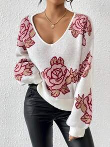 SHEIN Frenchy Floral Pattern V-neck Sweater Pullover - Pink - View 6