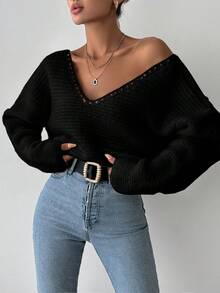 EURMUSE Maglione Oversize Da Donna Con Scollo A V Davanti E Dietro - nero - Visualizzare 4