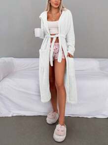 RueChic Hooded Robe With Belt And Pockets For Home Wear - White - View 3