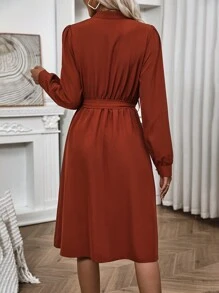 SHEIN LUNE Ren Nối Single-breasted Váy có thắt lưng - Rỉ Nâu - Xem 2