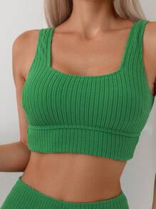 SHEIN Swim Summer Beach Solid Color Women's Sleeveless Bikini Top And Bottom Set - Green - View 5