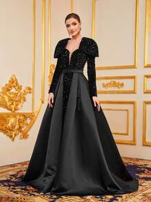 Faeriesty Đầm dự tiệc sang trọng tay dài bằng vải satin sequin tương phản - màu đen - Xem 6