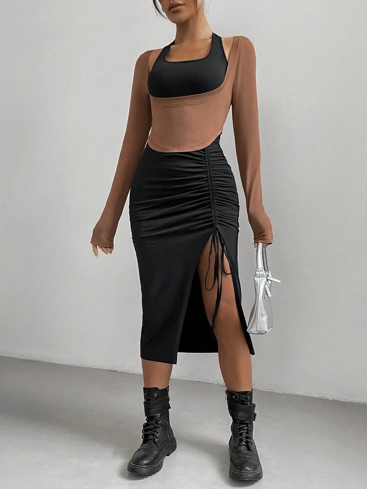 Drawstring Pleated Split Midi Dress And T-shirt Set