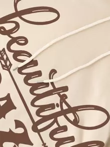 INAWLY Plus Long Hoodie With  Pocket, Letter & Pattern Print And Warm Lining Beautiful CRAZY, For Winter Fall Autumn - Apricot - View 7