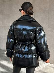 EURMUSE 立領垂肩袖棉墊外套 - 黑色 - 查看 2