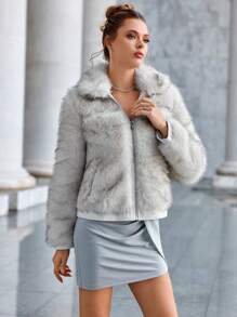 Anewsta Của phụ nữ Khóa kéo-lên Giải trí Lông Áo khoác - Màu be - Xem 4