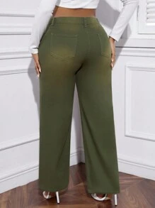 SHEIN EZwear 大尺碼女用破洞鬍鬚細節直筒牛仔褲 - 軍綠色 - 查看 2