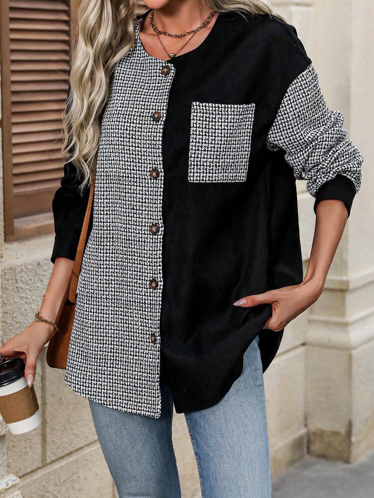 Women's Color Block Lapel Button Up Jacket With Patch Pockets
