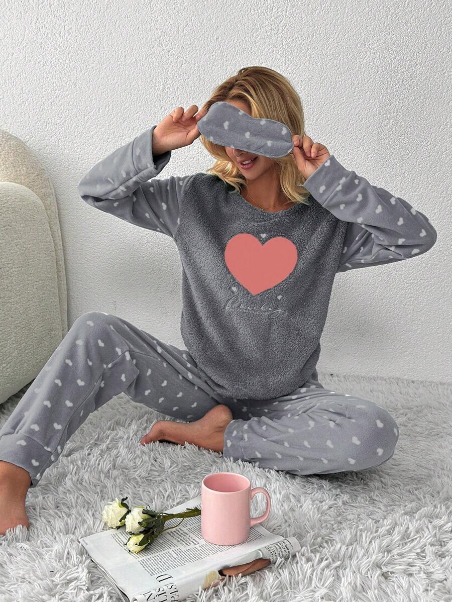 SHEIN Cottnline Heart & Letter Embroidery Flannel PJ Set - Light Grey - View 1