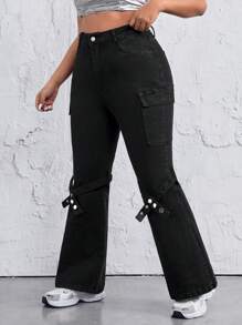 SHEIN ICON Women's Plus Size Flap Pockets Flare Jeans - Black - View 1