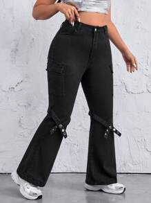 SHEIN ICON Women's Plus Size Flap Pockets Flare Jeans - Black - View 3