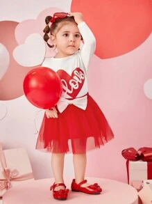 SHEIN 2入組寶寶女孩休閒可愛心形字母印花裝備 - 紅白色 - 查看 4