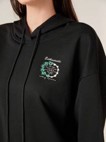 Seusyu Women's Graphic Hooded Sweatshirt With Drawstrings - Black - View 6
