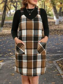 SHEIN LUNE 大尺碼格子拼色連身裙 - 彩色 - 查看 4