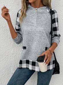 SHEIN LUNE Women's Hooded Sweatshirt, Plaid Patchwork, Raglan Sleeve Pullover Fall Sweatshirt - Grey - View 3