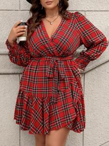 Calvaya Women's Plus Size Plaid Ruffle Hem Belted Dress For New Year Clothes