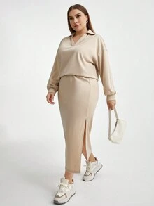 SHEIN Essnce Của phụ nữ Kích thước lớn Lỏng lẻo phù hợp Thả vai Áo thun Và Bộ váy , Màu thuần - Màu be - Xem 5