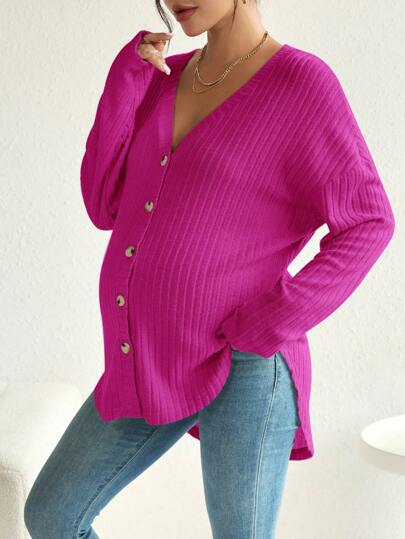 SHEIN 孕妇纯色纽扣前落肩长袖 T 恤