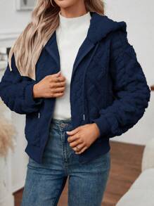 EMERY ROSE Textured Plush Hooded Jacket - Navy Blue - View 5