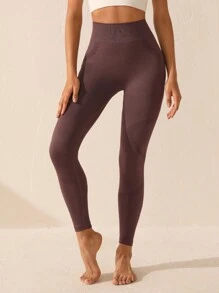 Lifespree Solid Color High Waisted Sports Leggings - Brown - View 6