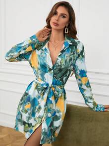 SHEIN VCAY Của phụ nữ In Nút xuống Tay áo dài Váy sơ mi - trái cam - Xem 5