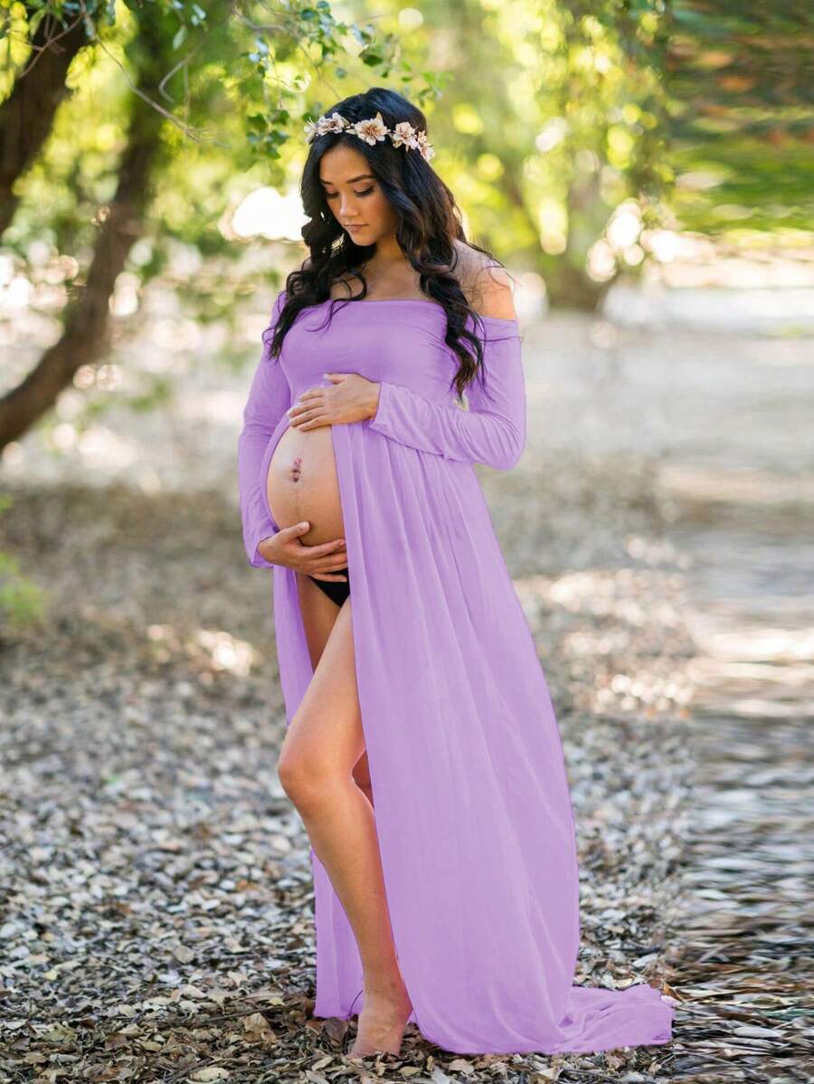 Maternity Off Shoulder Chiffon Dress With High Slit And Splice Design For Photo Shooting With Long Sleeve For Maternity Photoshoot - Mauve Purple - View 1