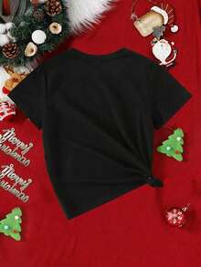 SHEIN 適用於夏季的青少年女孩休閒短袖聖誕圖案t恤 - 黑色 - 查看 2