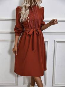 SHEIN LUNE Ren Nối Single-breasted Váy có thắt lưng - Rỉ Nâu - Xem 6