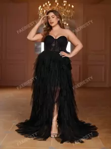 Faeriesty Faeriesty Plus Contrast Lace Split Thigh Mesh Tube Formal Dress