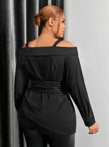 SHEIN SXY Plus Size Women'S Cold Shoulder Shirt - Black - View 2